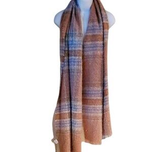 Tan Blue Neutral Tones Plaid Pretty Persuasions Blanket Scarf NWT
